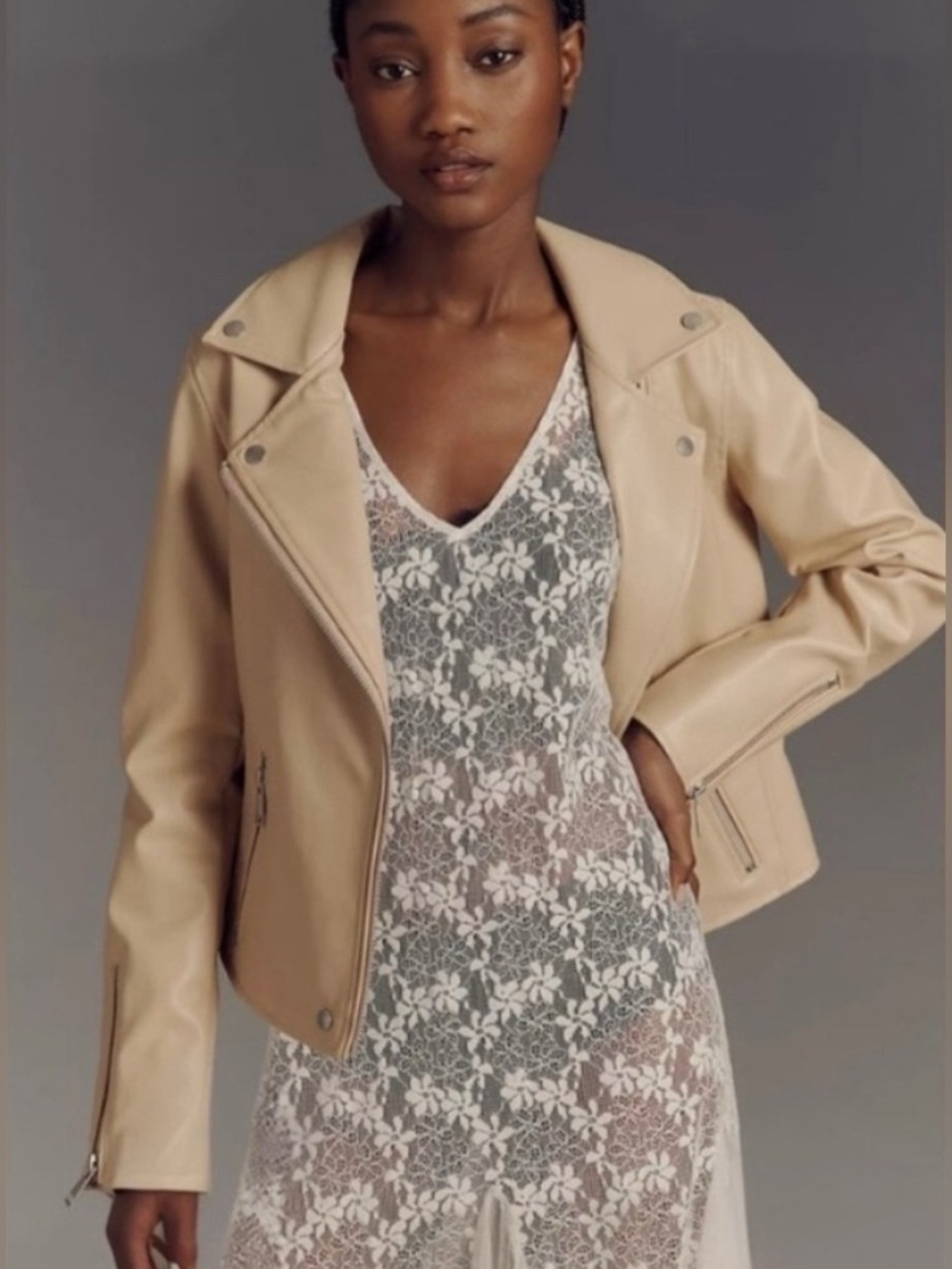 By Anthro Beige Faux Leather Biker Jacket